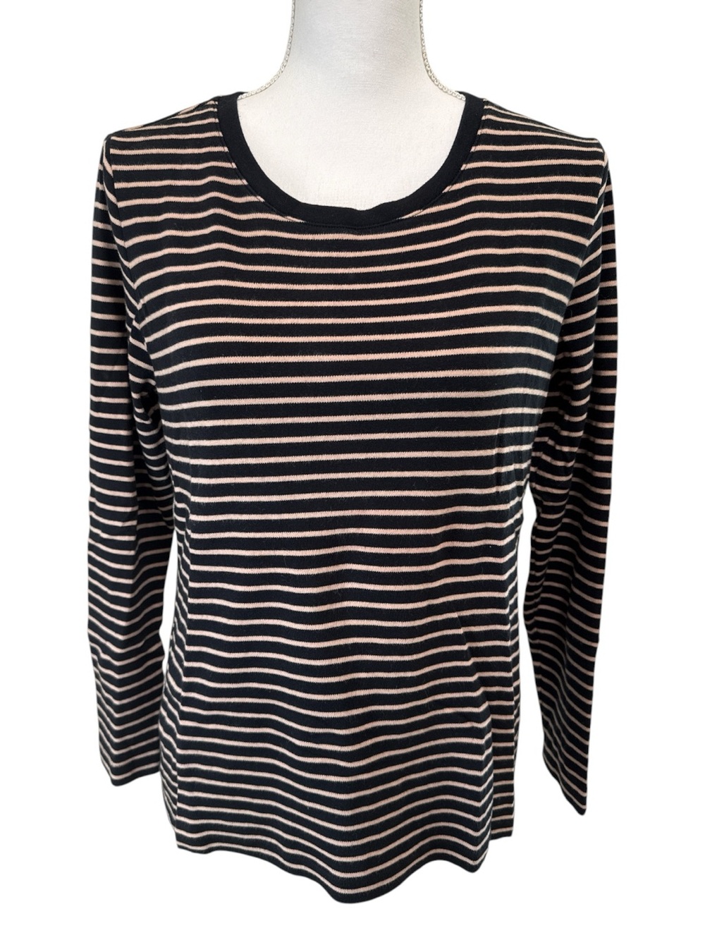 Isaac Mizrahi 100% Cotton Black and Tan Striped Long Sleeve Top M